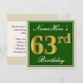 Elegant, groen, Faux Gold 63rd Birthday + naam Kaart (Voorkant / Achterkant)