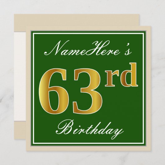 Elegant, groen, Faux Gold 63rd Birthday + naam Kaart (Voorkant / Achterkant)