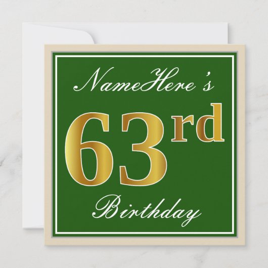 Elegant, groen, Faux Gold 63rd Birthday + naam Kaart (Voorkant)