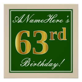 Elegant, groen, Faux Gold 63rd Birthday + naam Perfect Poster