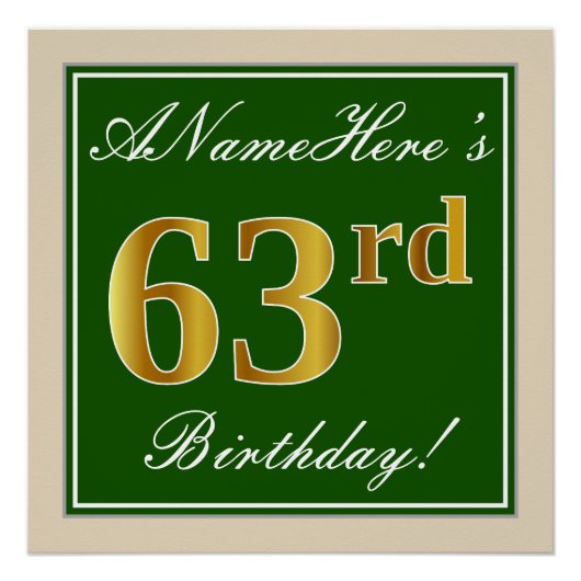 Elegant, groen, Faux Gold 63rd Birthday + naam Perfect Poster (Voorkant)