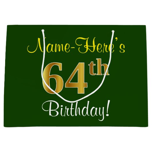 Elegant, groen, Faux Gold 64th Birthday + naam Groot Cadeauzakje (Voorkant)