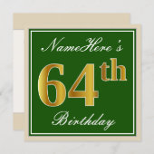 Elegant, groen, Faux Gold 64th Birthday + naam Kaart (Voorkant / Achterkant)