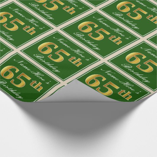 Elegant, groen, Faux Gold 65th Birthday + naam Cadeaupapier (Hoek)
