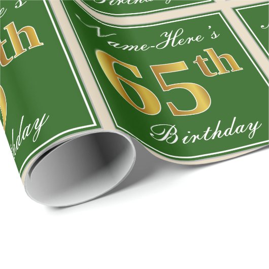Elegant, groen, Faux Gold 65th Birthday + naam Cadeaupapier (Rol Hoek)