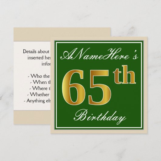 Elegant, groen, Faux Gold 65th Birthday + naam Kaart (Voorkant / Achterkant)