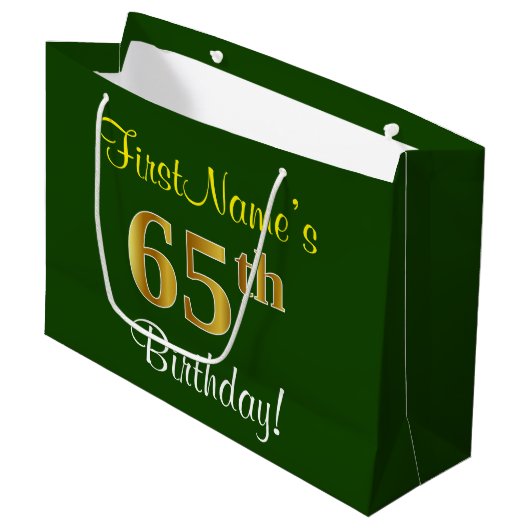 Elegant, groen, Faux Gold 65th Birthday + naam Large Cadeautasje (Voorkant Gekanteld)