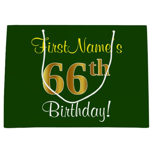 Elegant, groen, Faux Gold 66th Birthday + naam Groot Cadeauzakje (Voorkant)