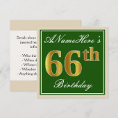 Elegant, groen, Faux Gold 66th Birthday + naam Kaart (Voorkant / Achterkant)