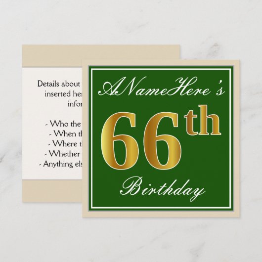 Elegant, groen, Faux Gold 66th Birthday + naam Kaart (Voorkant / Achterkant)