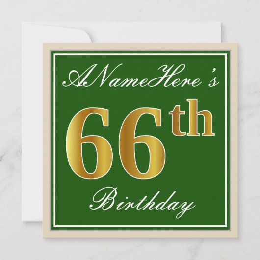 Elegant, groen, Faux Gold 66th Birthday + naam Kaart (Voorkant)