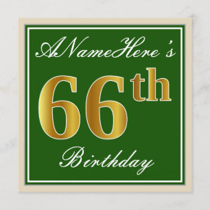 Elegant, groen, Faux Gold 66th Birthday + naam Kaart