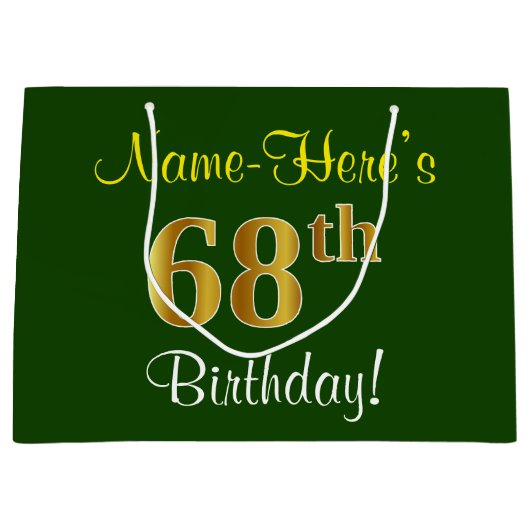 Elegant, groen, Faux Gold 68th Birthday + naam Groot Cadeauzakje (Voorkant)