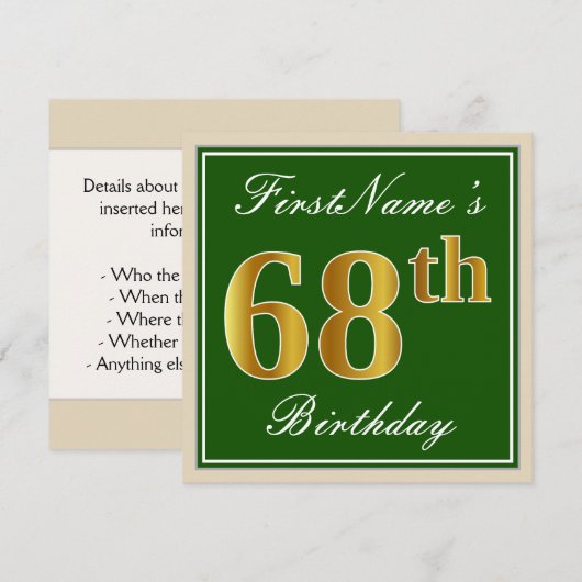Elegant, groen, Faux Gold 68th Birthday + naam Kaart (Voorkant / Achterkant)