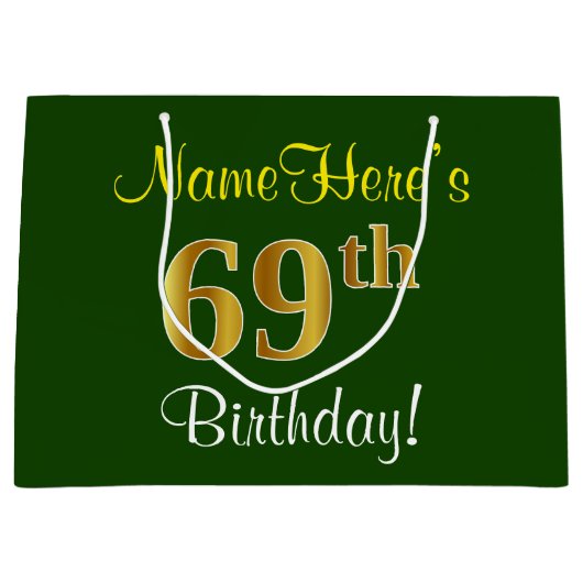 Elegant, groen, Faux Gold 69th Birthday + naam Groot Cadeauzakje (Voorkant)