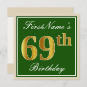 Elegant, groen, Faux Gold 69th Birthday + naam Kaart (Voorkant / Achterkant)