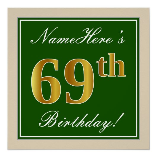 Elegant, groen, Faux Gold 69th Birthday + naam Poster (Voorkant)