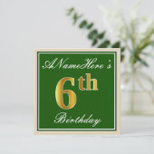 Elegant, groen, Faux Gold 6th Birthday + naam Kaart (Staand voorkant)