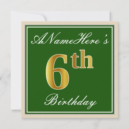 Elegant, groen, Faux Gold 6th Birthday + naam Kaart (Voorkant)