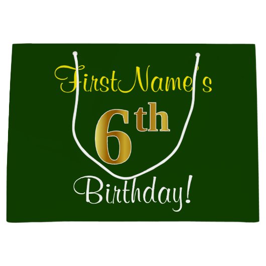 Elegant, groen, Faux Gold 6th Birthday + naam Large Cadeautasje (Voorkant)