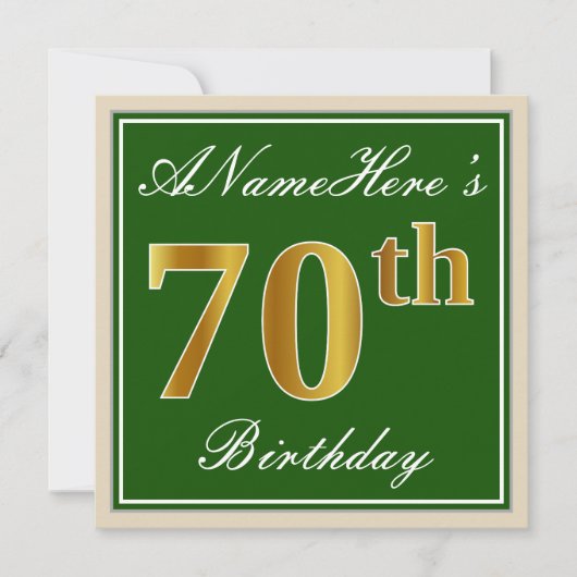 Elegant, groen, Faux Gold 70th Birthday + naam Kaart (Voorkant)