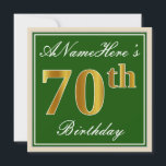Elegant, groen, Faux Gold 70th Birthday   naam Kaart<br><div class="desc">Dit eenvoudige en elegante ontwerp van de verjaardagsuitnodiging kenmerkt een gepersonaliseerd bericht zoals "ANamehere is 70th Birthday" (met de "70th" met een faux/imitatie gouden-als kleur) binnen een groen-gekleurd vierkant gebied met een eenvoudig grensoverzicht. De naam is in een elegante wit-gekleurde manuscript-als tekst, en kan worden aangepast. De achterkant kenmerkt klantgerichte...</div>