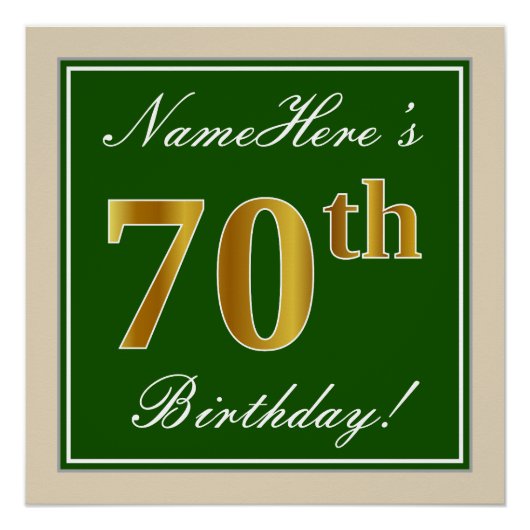 Elegant, groen, Faux Gold 70th Birthday + naam Poster (Voorkant)