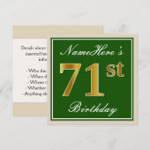 Elegant, groen, Faux Gold 71st Birthday + naam Kaart (Voorkant / Achterkant)