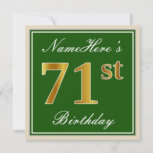 Elegant, groen, Faux Gold 71st Birthday + naam Kaart (Voorkant)