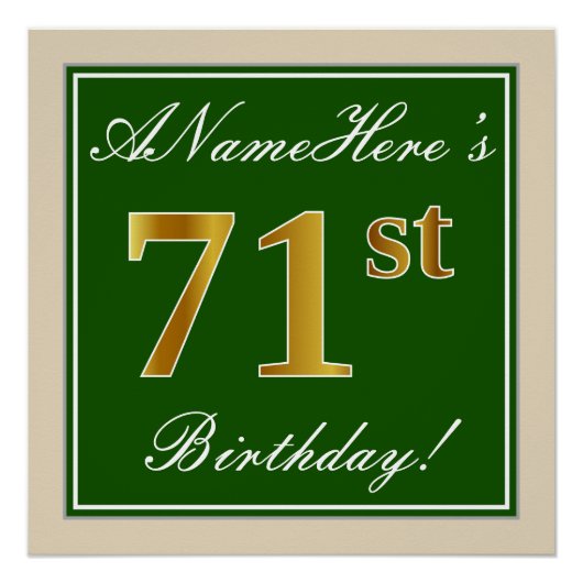 Elegant, groen, Faux Gold 71st Birthday + naam Perfect Poster (Voorkant)