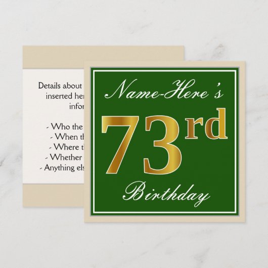 Elegant, groen, Faux Gold 73rd Birthday + naam Kaart (Voorkant / Achterkant)