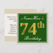 Elegant, groen, Faux Gold 74th Birthday + naam Kaart (Voorkant / Achterkant)