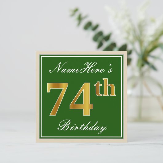 Elegant, groen, Faux Gold 74th Birthday + naam Kaart (Staand voorkant)