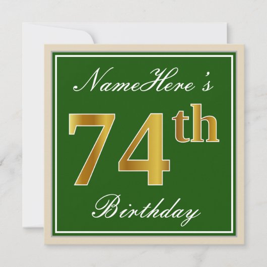 Elegant, groen, Faux Gold 74th Birthday + naam Kaart (Voorkant)