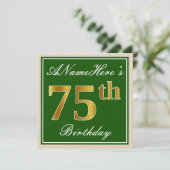 Elegant, groen, Faux Gold 75th Birthday + naam Kaart (Staand voorkant)