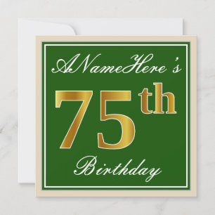 Elegant, groen, Faux Gold 75th Birthday + naam Kaart