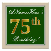 Elegant, groen, Faux Gold 75th Birthday + naam Perfect Poster (Voorkant)