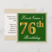 Elegant, groen, Faux Gold 76th Birthday + naam Kaart (Voorkant / Achterkant)