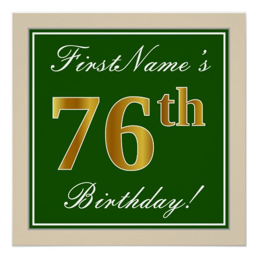 Elegant, groen, Faux Gold 76th Birthday + naam Poster (Voorkant)