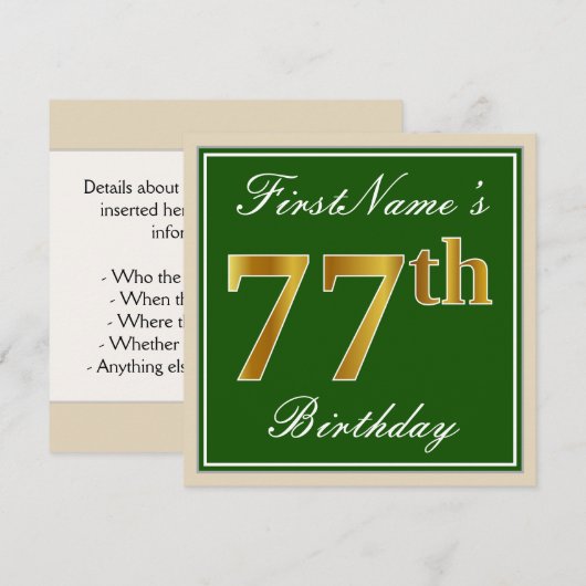 Elegant, groen, Faux Gold 77th Birthday + naam Kaart (Voorkant / Achterkant)