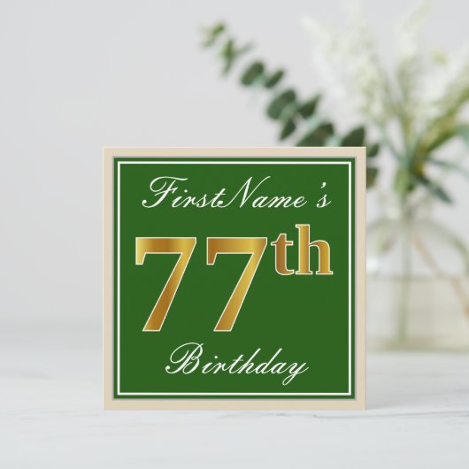Elegant, groen, Faux Gold 77th Birthday + naam Kaart (Staand voorkant)