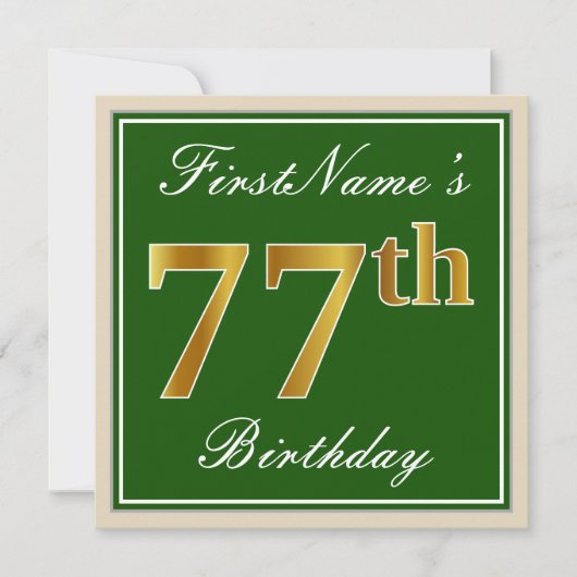 Elegant, groen, Faux Gold 77th Birthday + naam Kaart (Voorkant)