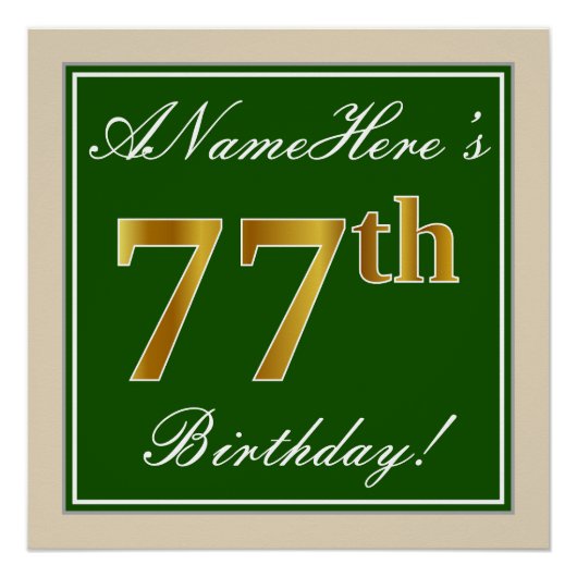 Elegant, groen, Faux Gold 77th Birthday + naam Poster (Voorkant)