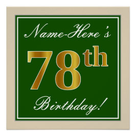 Elegant, groen, Faux Gold 78th Birthday + naam Poster