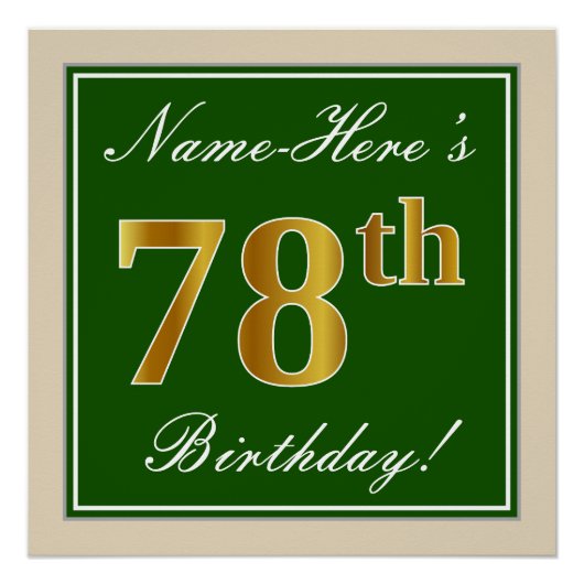 Elegant, groen, Faux Gold 78th Birthday + naam Poster (Voorkant)