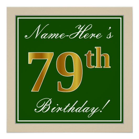 Elegant, groen, Faux Gold 79th Birthday + naam Poster (Voorkant)