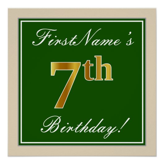 Elegant, groen, Faux Gold 7th Birthday + naam Poster (Voorkant)