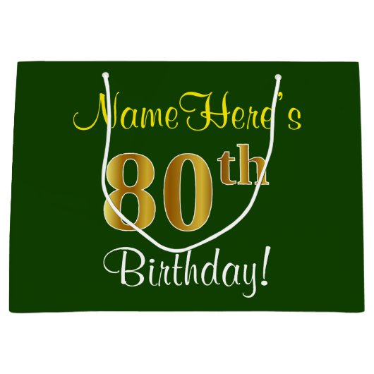 Elegant, groen, Faux Gold 80th Birthday + naam Groot Cadeauzakje (Voorkant)
