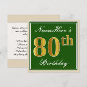 Elegant, groen, Faux Gold 80th Birthday + naam Kaart (Voorkant / Achterkant)