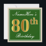Elegant, groen, Faux Gold 80th Birthday   naam Kaart<br><div class="desc">Dit eenvoudige en elegante uitnodigingsontwerp voor verjaardagsfeestjes heeft een gepersonaliseerde boodschap zoals "NameHere’s 80th Birthday" (met de "80th" met een faux/imitatie goudachtige kleurlook) binnen een groen gekleurd vierkant met een eenvoudige omtrek van de rand. De naam is in een elegante wit-gekleurde script-achtige tekst, en kan worden gepersonaliseerd. De achterkant bevat...</div>